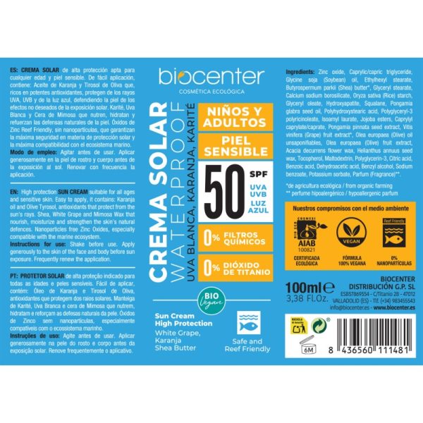 biocenter protector solar natural spf 50 para ninos y adultos textura fluida 100 ml 2